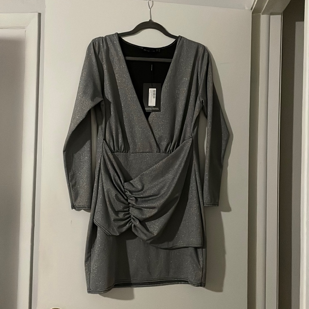 PRETTYLITTLETHING PLUS BLCK GLITTER PLUNGE WRAP BODYCON DRESS US16